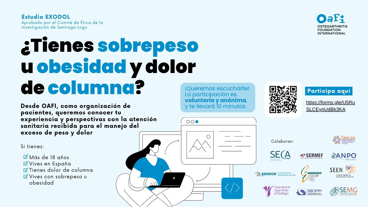 TuendocrinoSEEN's tweet photo. 📢 ¿Tienes sobrepeso u obesidad y dolor de espalda?

Tu experiencia puede ayudar a mejorar la atención sanitaria.

📝 Participa en el estudio EXODOL de @OAFIFoundation, avalado por la @sociedadSEEN 
⏱ 10 min | 🔒 Anónimo

👉 https://t.co/fucWw0i2mU

#Obesidad #Salud https://t.co/UCGlQXtYXa