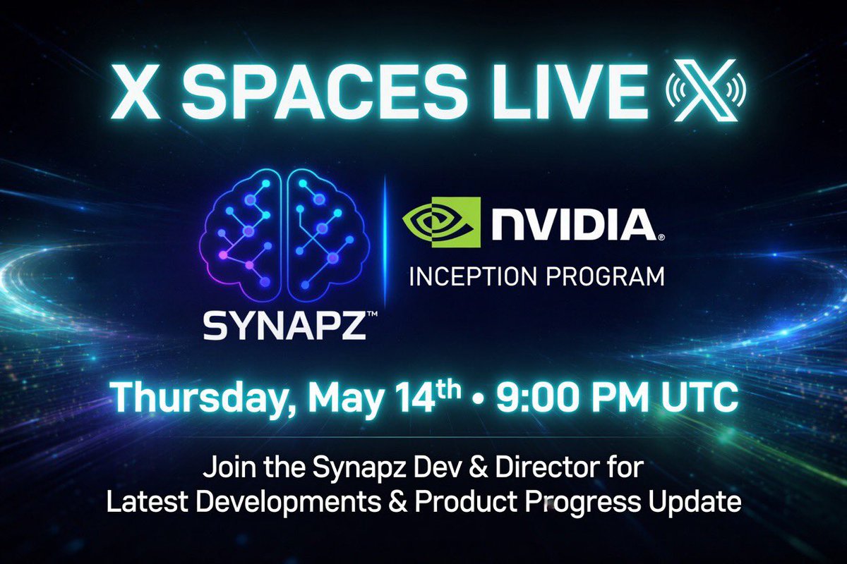 synapz_group's tweet photo. 🚨 SYNAPZ COMMUNITY SPACES 

This Thursday — 14th May
🕘 9PM UTC
📍 Live on X Spaces

The swarm has been building nonstop behind the scenes… and it’s time to bring the community up to speed.

We’ll be covering:

✅ Major ecosystem updates
✅ Progress across the SYNAPZ infrastructure
✅ Products & systems now approaching launch readiness
✅ Expansion of the autonomous swarm
✅ What’s next for $synapz
✅ Vision for the AI Operating System future

This isn’t theory anymore.
The infrastructure is live.
The systems are evolving.
And the next phase is getting closer.

If you’ve been watching from the sidelines, now’s the time to tune in.

Set your reminders. Bring your questions.
Big updates incoming. 🔥

$synapz

📲 https://t.co/9Nxd00sBTI