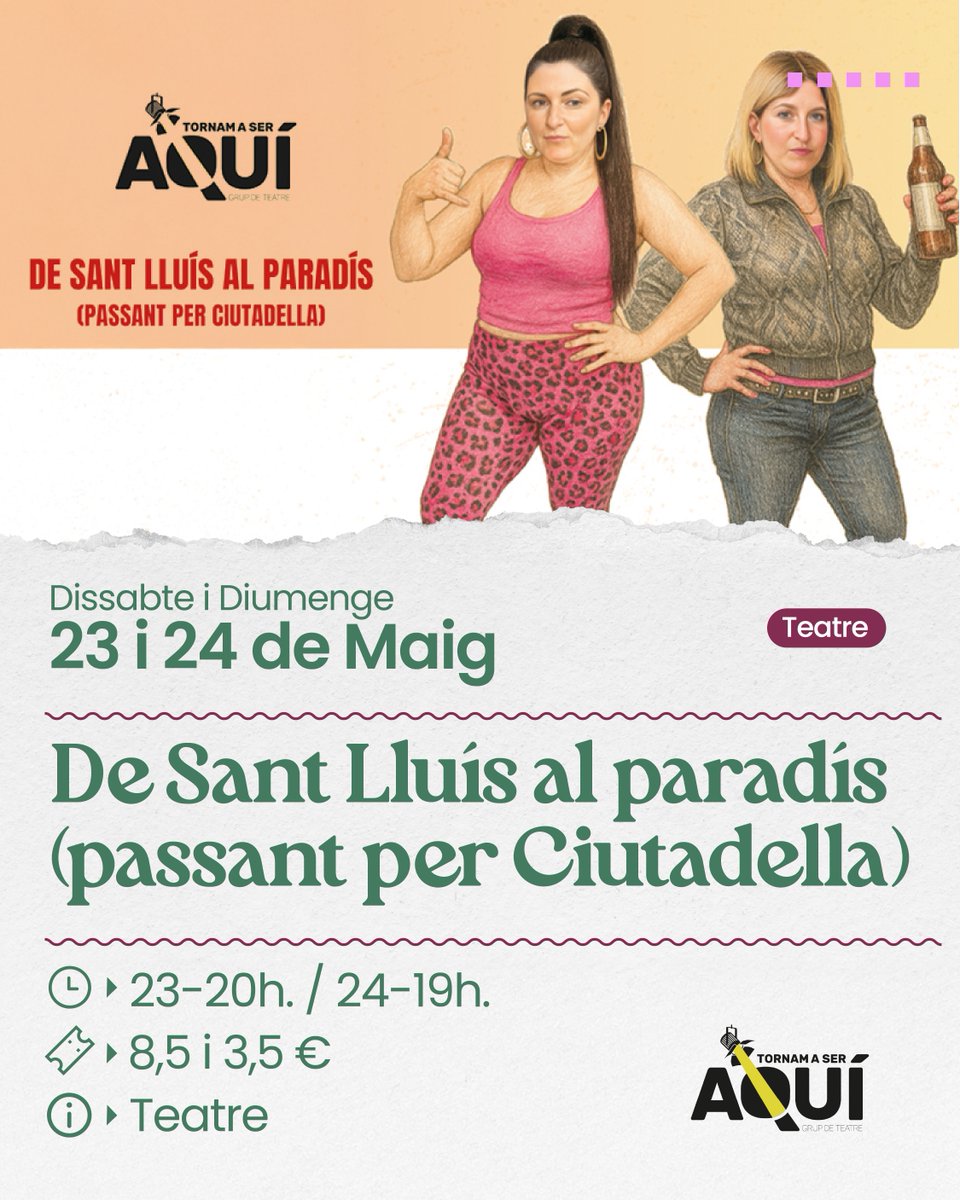 SPAlbertCamus's tweet photo. 🗣️ De Sant Lluís al paradís (passant per Ciutadella)

📅 23 i 24 maig | ⏰ 20 h / 19 h | ⏱️ 75 min | 🎟️ 8,5 € / 3,5 € | Català | +12

Una comèdia esbojarrada sobre un atracament que es complica en un poble on tothom es coneix.

🖥️ Venda d’entrades: https://t.co/TYulPC4ujk https://t.co/qoOnA0H5qg