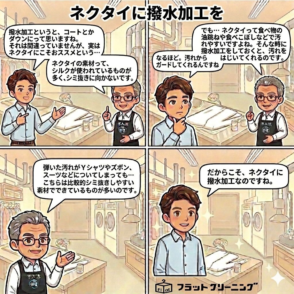 flatcleaning's tweet photo. クリーニング豆知識✨
不入流 師聖のシミ抜き職人に聞いてみた。
撥水加工ですが、ネクタイにオススメとのこと。
その理由は目から鱗！！
フラットクリーニングでは1点から加工がつけられます！

#シミ抜き #宅配クリーニング #フラットクリーニング #不入流 #不入流シミ抜き #撥水加工 https://t.co/kQqqvxct5S