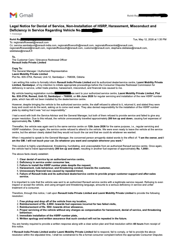 irohitroy's tweet photo. @RenaultIndia Legal Notice for Denial of Service, Non-Installation of HSRP, Harassment, Misconduct and Deficiency in Service @renaultgroup @jagograhakjago https://t.co/j2GhFVax0m