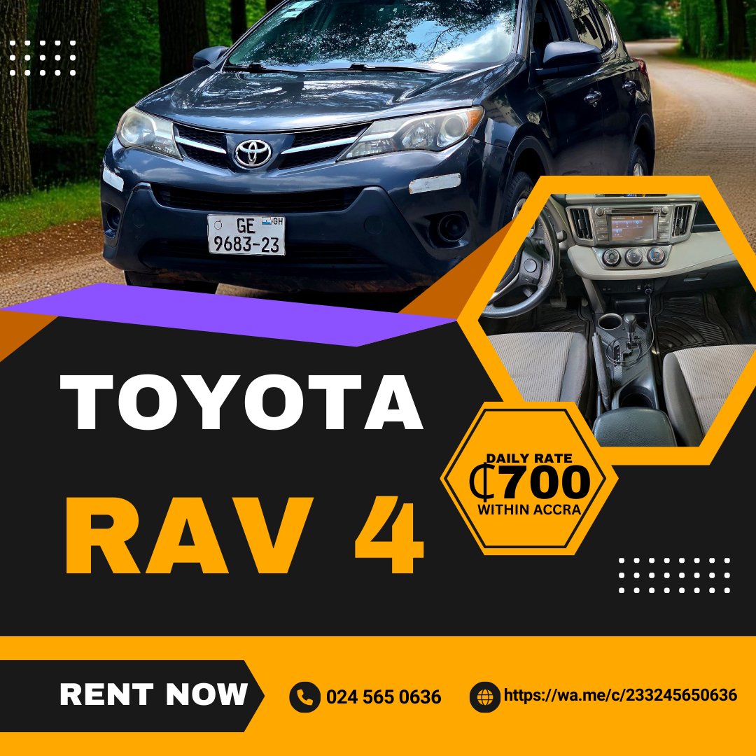 royalrideltd's tweet photo. RAV4 available this morning!  
₵700/day within Accra.  
DM to book now.
https://t.co/niibzvYcCv
#rentacar
#ghana https://t.co/2G7aKs3Ipa