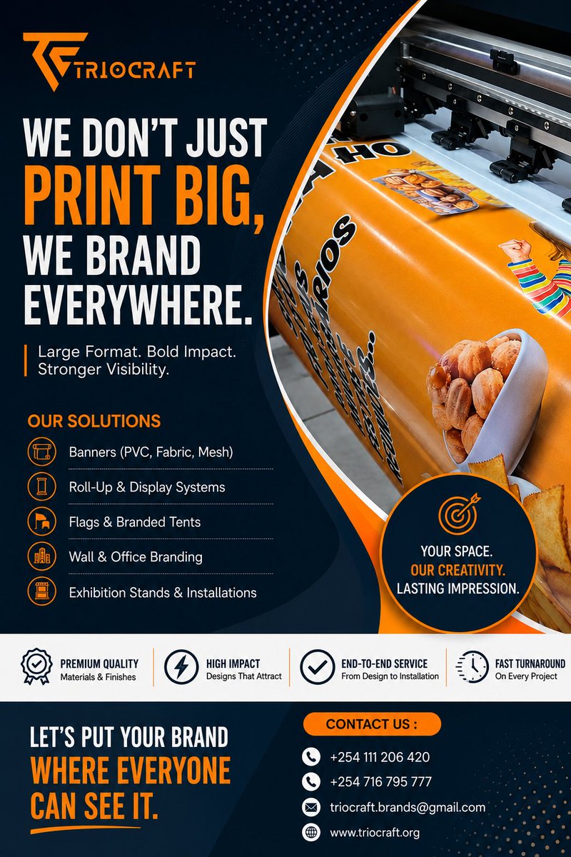TrioCraftBrands's tweet photo. Your brand is either commanding attention or losing it.
No middle ground.
TrioCraft delivers large format banners, exhibition stands & wall branding — end-to-end, zero compromise.
🌐 https://t.co/645YcqN7U9 📞 +254 111 206 420
#TrioCraft #BrandingNairobi https://t.co/Ax8vWuSUZ3