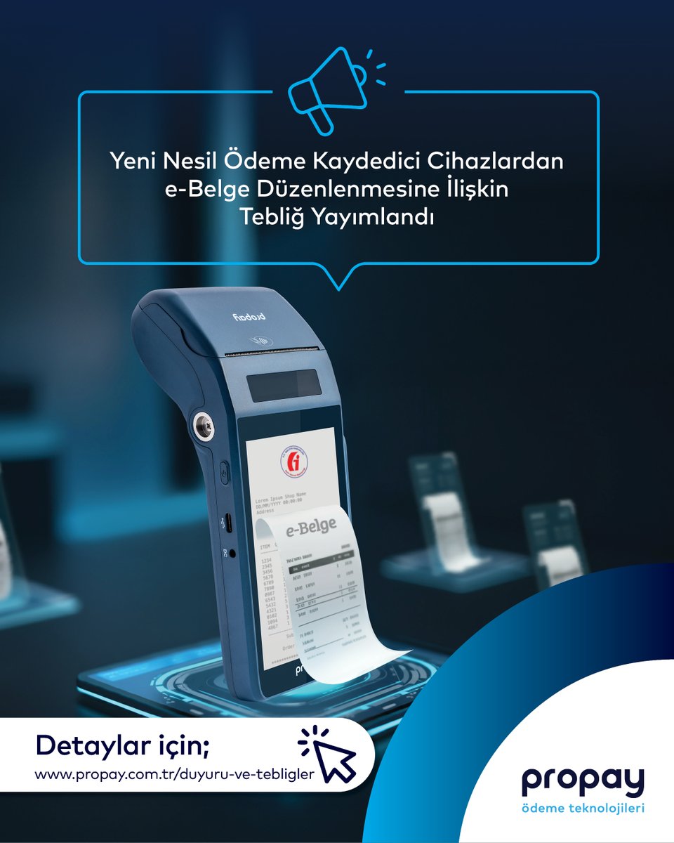 propaytr's tweet photo. Yeni nesil ödeme kaydedici cihazlardan (YN ÖKC) elektronik belgelerin düzenlenebilmesine ilişkin Vergi Usul Kanunu Genel Tebliği (Sıra No: 593) Resmi Gazete'de yayımlandı. 📢

Detaylar için: 👇
https://t.co/6PzQM2kKHc https://t.co/0vWycC1CmU