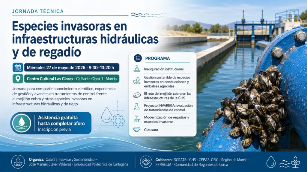scrats_regantes's tweet photo. JORNADA: Especies invasoras en infraestructuras hidráulicas y de regadío.

📍Centro Cultural Las Claras · Murcia
⏲️De 9:30 a 13:20 h.
 📅Miércoles 27 de mayo de 2026

✅Inscripción: asistencia gratuita hasta completar aforo https://t.co/Kes7ucpLpG

Organiza: @Catedratrasjmc https://t.co/jRgxgMA9S3
