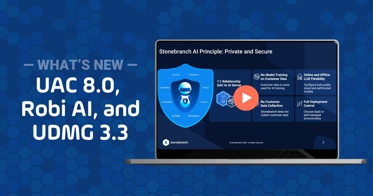Stonebranch's tweet photo. 🎥 WATCH NOW | UAC 8.0 Product Update: Robi AI and the Future of IT Automation
https://t.co/iQRiLVZDa5

#Stonebranch #ITAutomation #ArtificialIntelligence #WorkloadAutomation #WorkflowAutomation #GenAI #UDMG #UAC https://t.co/gVfDUoFH9k