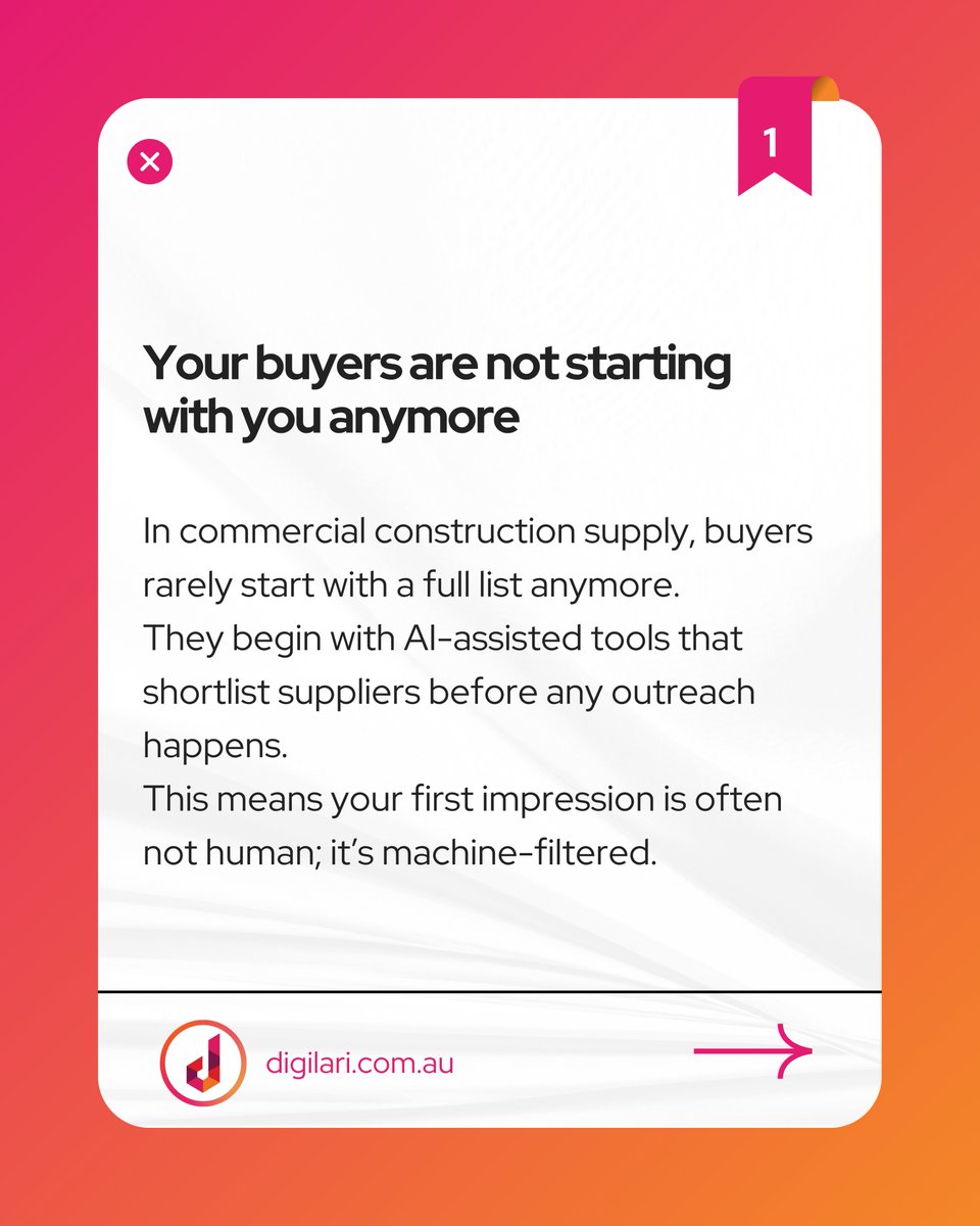 Digilari's tweet photo. In construction supply, capability alone does not guarantee exposure. AI systems now interpret supplier data before procurement teams engage. This introduces.
#ConstructionMarketing #AIMarketing #GEOSEO #SearchEvolution #DigitalStrategyAU #B2BVisibility #ConstructionSuppliers https://t.co/Si1cviVsCc