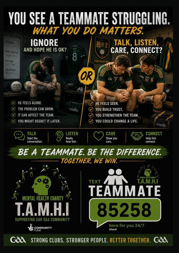 KilcooGAC's tweet photo. Mental Heath Awareness Week 2026
11th May - 16th May 2026
Don't be afraid to check in on our friends & teammates, support is available from the club for anyone who needs it! 🖤🤍
#TAMHI #MHAW2026
Lets look after ourselves, look out for others and demand better support services https://t.co/TPmw00Vcpd