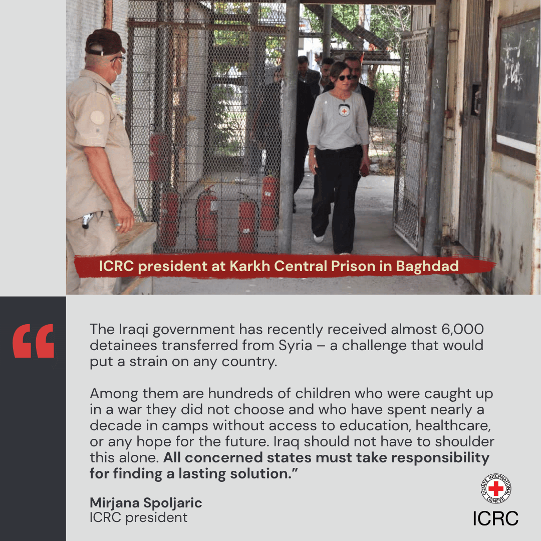 ICRC's tweet photo. 📍Iraq | During her most recent visit to the country, Mirjana Spoljaric, ICRC president, visited Karkh Central Prison in Baghdad, where we help detainees, including third-country nationals, to re-establish contact with their families. 

We support the authorities in improving living conditions by providing expertise in health and infrastructure, and in ensuring that those concerned are treated humanely and in accordance with the law. 

Read more 👉🏽 https://t.co/5DWzDtkh8x