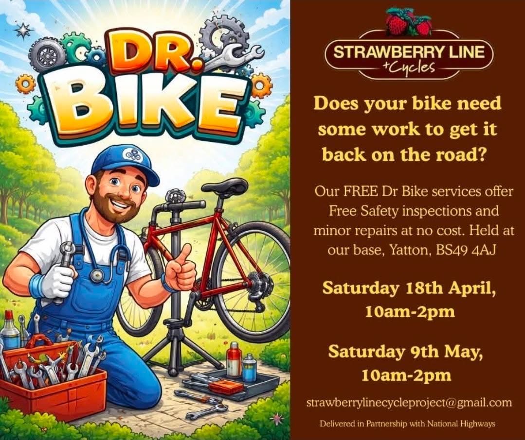 StrawbLine's tweet photo. Don't forget at Yatton Station ‘back on your bike session’ tomorrow 1-4pm at Strawberry Line Cycle Project 
Pop in the Strawberry Line Cafe for refreshments before you set off! https://t.co/L7AQakU5tb