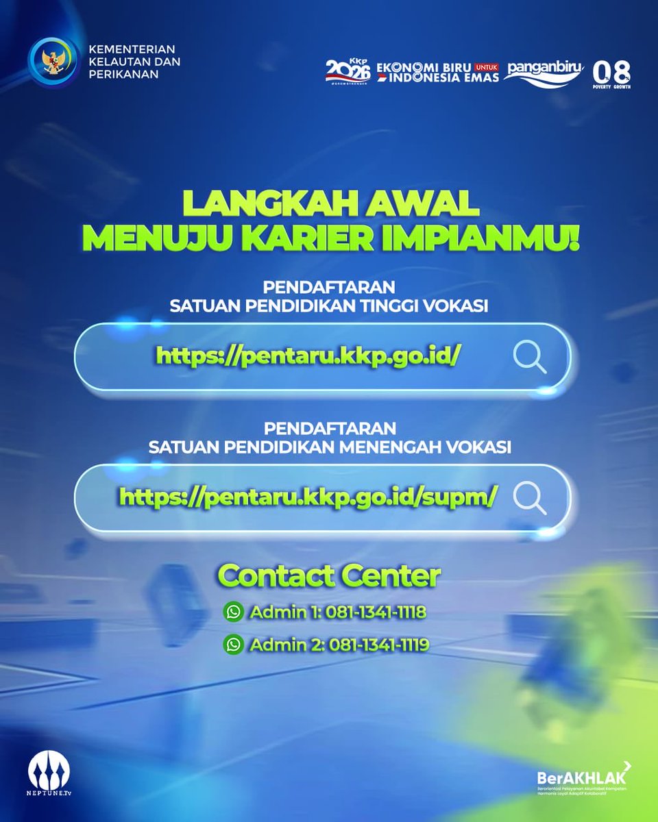 doantriharsono's tweet photo. Sahabat Bahari, @kkpgoid resmi membuka penerimaan #PENTARUKKP2026 untuk pendidikan tinggi &amp; menengah vokasi bidang KP. Pendaftaran hanya melalui website resmi pada tautan berikut. YUK, DAFTAR SEGERA!
#2026KKPGrowStronger #KKPGOID @saktitrenggono https://t.co/HhFck1hgCG