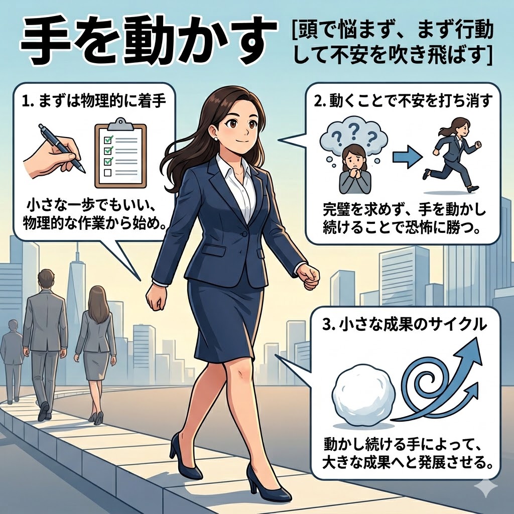 OfficeWith's tweet photo. 頭で悩む前に、まず手を動かしましょう！
完璧を求めず小さな一歩から物理的に着手することで、不安を吹き飛ばす
手を動かし続ければ小さな成果がサイクルになり、
やがて大きな成果へ
恐怖に勝つには行動あるのみ！
あなたは、今日、何をしますか？ https://t.co/qNeTP1D57l