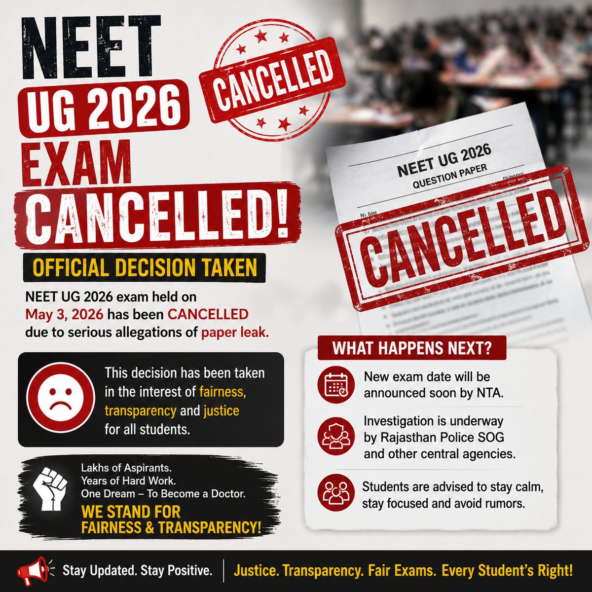 SelectSyu71247's tweet photo. 🚨 NEET UG 2026 reportedly CANCELLED following paper leak allegations. Investigations by Rajasthan Police SOG and central agencies are underway. Lakhs of aspirants now await official clarity and next steps. 

#NEET2026 #NEETUG #NEETPaperLeak https://t.co/pWgVOiVekx