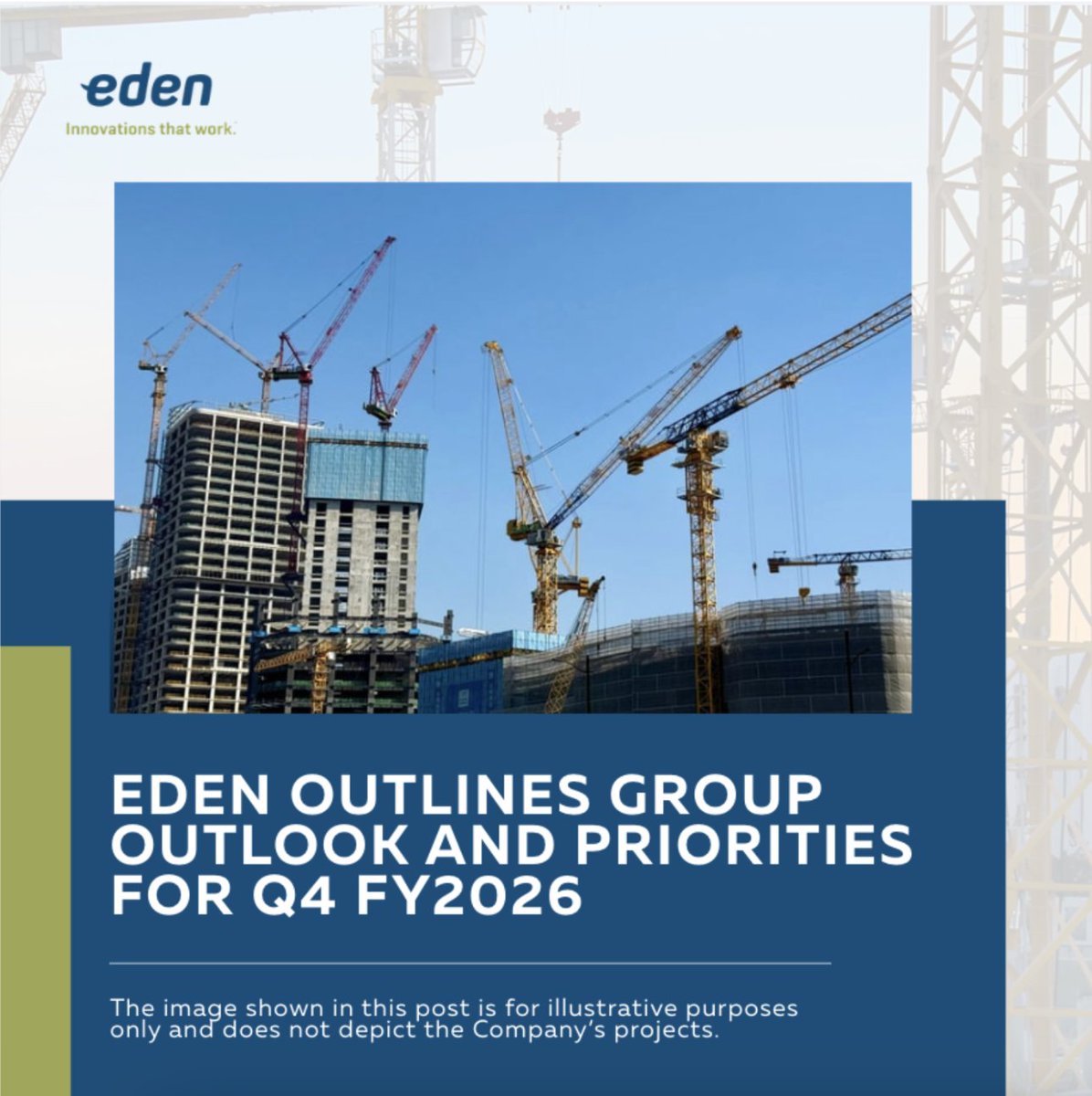 Eden_ASX's tweet photo. With Eden's (#ASX: #EDE) recent recapitalisation and substantial debt reduction, including elimination of its high cost iBorrow debt, Eden enters Q4 FY2026 with a materially de-risked balance sheet.

The Company believes they are well positioned to rapidly commercialise the EdenCrete and OptiBlend technology lines.

Key priorities for the remainder of FY2026 include:

✅ Scaling EdenCrete Pz7 sales across Amrize, Quikrete, and Holcim ready mix plant networks in the Americas

✅ Prioritise securing initial commercial engagements and pilot project opportunities for EdenShield®, to build a pipeline of defence and critical infrastructure contracts while progressing development of its next-generation CNT-based materials

✅Supporting the incoming Managing Director's global growth mandate, including expanding the business development team

✅ Expanding OptiBlend order flow from US data centre operators and converting the US$4.3: million active quotation pipeline

✅ Advancing carbon nanotube concrete R&D for applications to Al and cloud data centre infrastructure

✅ Progressing EdenCrete trials and partnerships in Canada, Mexico, the UK, France, and Indonesia

✅ Continue to advance towards the Group's target to reach positive operating cash flow.

Read more: https://t.co/aExg91lKcG

#EdenInnovations #ASX #ASXStocks #SmallCaps #InvestorUpdate #QuarterlyUpdate #GroupOutlook #CapitalMarkets