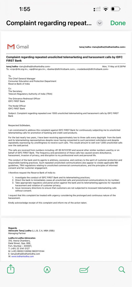 TanujLodha's tweet photo. Complaint to #RBI and #Trai against #idfcfirst for  calling me Over 1000 times in last 2 year for promotions day and night.
@IPL 
@AshwiniVaishnaw @nsitharamanoffc https://t.co/5QCz80skTG