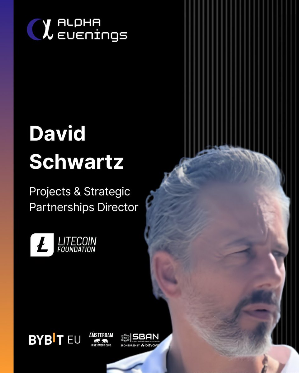 AlphaEvenings's tweet photo. David Schwartz (@DaddyCool1991) will be joining our Alpha Evenings on May 21! ✨

David is the Projects & Strategic Partnerships Director at the Litecoin Foundation (@LTCFoundation) and has been active in the cryptocurrency space since 2017.

At the Litecoin Foundation, David works across strategic partnerships, ecosystem growth, Litecoin integrations, and broader collaboration within the digital asset industry. He also actively supports the Scrypt mining ecosystem and works with organizations both inside and outside of crypto to expand adoption and real-world utility.

Before entering the crypto industry, David spent 20 years in the United States military, bringing extensive experience in leadership, mentorship, project building, and organizational management.

We are excited to hear his insights during our upcoming Alpha Evenings edition: Launching Tokens That Last — focused on token structure, liquidity, and long-term sustainability in token issuance.

Get your free tickets through the link in bio 🔗✨

This edition will feature insights from Arbitrum, Ethena Labs, Starknet Foundation, Litecoin Foundation, and Maple.

Alpha Evenings is brought to you by Amsterdam Investment Club (@amsterdaminvest), with knowledge partner Students Blockchain Association Netherlands (@SBANetherlands), and platinum sponsor @BybitEU 🌙

#Crypto #Web3 #Litecoin #Blockchain #Tokenization