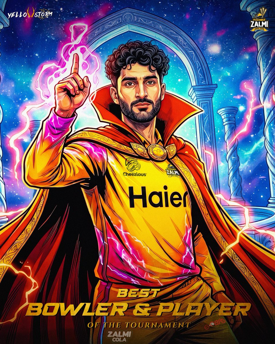 PeshawarZalmi's tweet photo. Magician in every spell, dominance in every wicket. ✨💥

@RealSufiyan_M didn’t just bowl this season, he ruled it. 👑🏆

𝐁𝐞𝐬𝐭 𝐁𝐨𝐰𝐥𝐞𝐫 𝐨𝐟 𝐭𝐡𝐞 𝐓𝐨𝐮𝐫𝐧𝐚𝐦𝐞𝐧𝐭 ✅
𝐏𝐥𝐚𝐲𝐞𝐫 𝐨𝐟 𝐭𝐡𝐞 𝐓𝐨𝐮𝐫𝐧𝐚𝐦𝐞𝐧𝐭 ✅

#RiseOfZalmi #YellowStorm #Zalmi #HBLPSL11 https://t.co/dI2tU2Xbcm