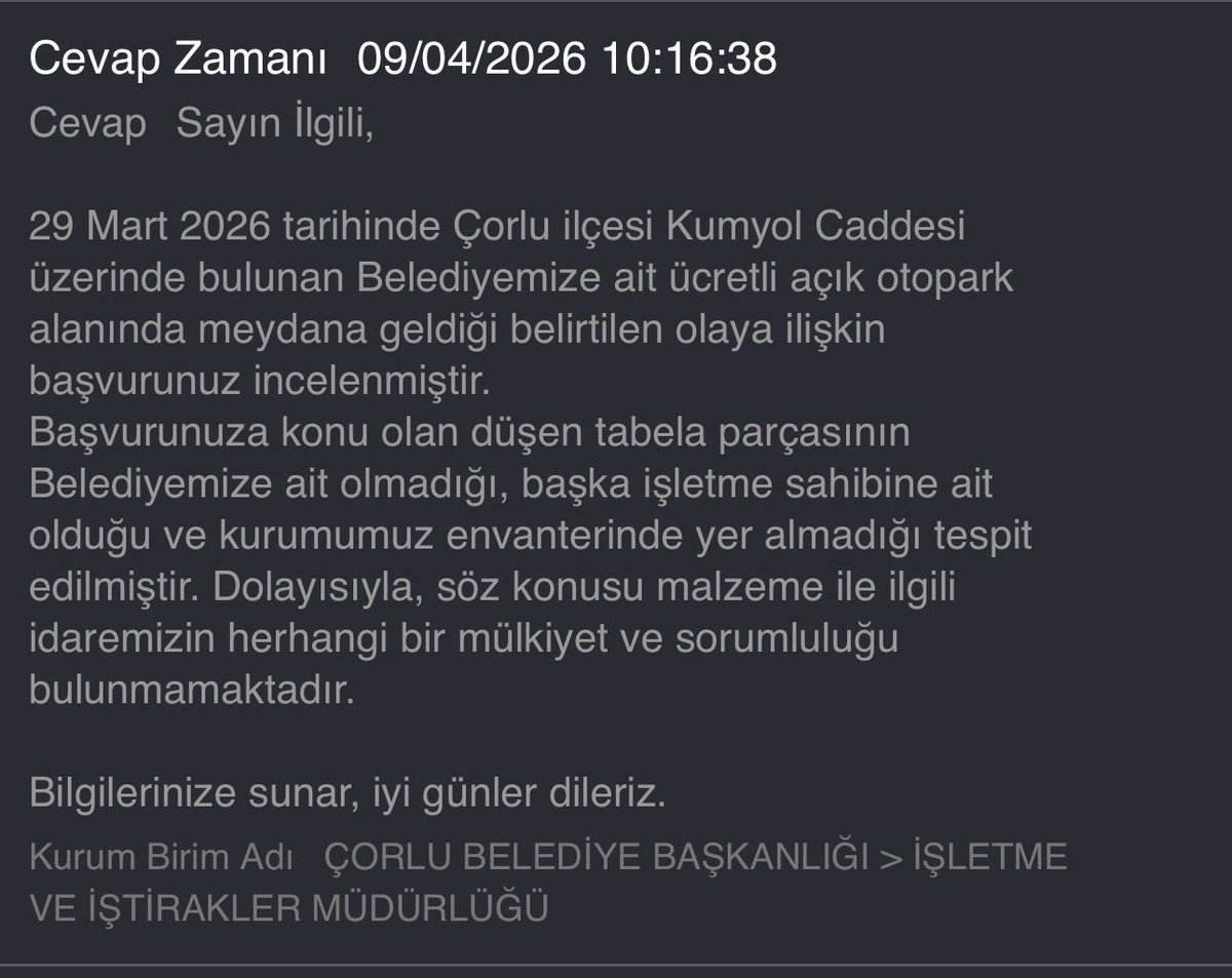 BurakToruk's tweet photo. @CorluBelediyesi Sayın Bilgehan Çağlar bu süreçte belediyenin sorumluluk almadığı, belediyenin paralı otoparkında aracıma zarar verildiği için şikayette bulunduğum 518944 numaralı başvurumu tekrar inceler belki. https://t.co/Tp8ljbj2xF