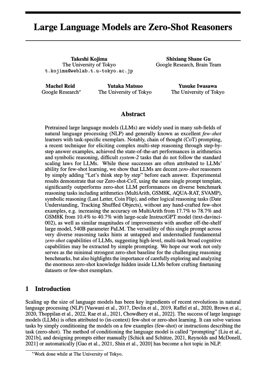 Paper title and abstract of "Large Language Models are Zero-Shot Reasoners" by Kojima et al., showing zero-shot CoT benchmark results including MultiArith from 17.7% to 78.7%
