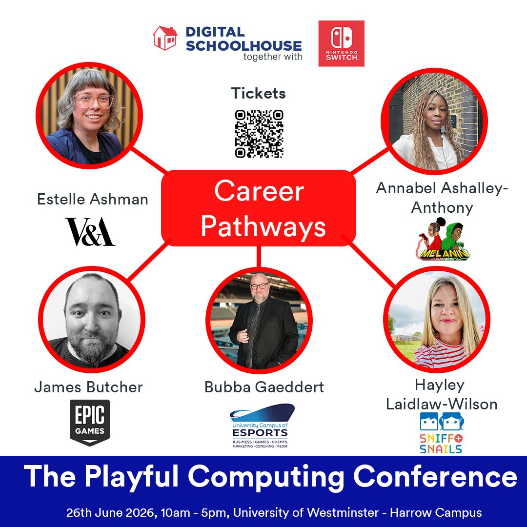 DigSchoolhouse's tweet photo. Time to make the gap between the classroom and the real world a lot smaller. 

We're announcing the speaker line up for our Career Pathways strand at the Playful Computing Conference.

Get tickets here: https://t.co/rOrtB01GGG 

#PCC2026 https://t.co/VHR4hiBWaq