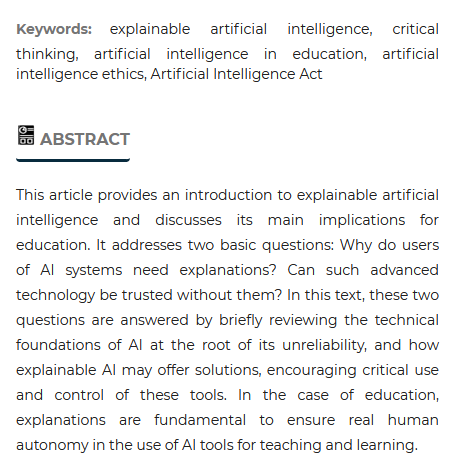 Metode_eng's tweet photo. 📊 Metode SSJ, Vol. 15 No. 7 (2025): «AI think... therefore AI am»

«Explainable artificial intelligence and its key role in education: Promoting critical thinking and autonomy in the classroom»

By Francisco Bellas (@UDC_gal)
DOI: https://t.co/Zz00R5U8c4
#AI #education https://t.co/llFB7VpH5W