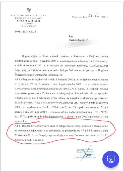 kuba200333's tweet photo. Bogdan Święczkowski nie jest żadnym prezesem TK. Nie jest też w ogóle legalnym sędzią TK. Dlaczego? Bo złożył nieprawidłowo ślubowanie jako czynny prokurator.

Pan Dariusz Goliński wyciągnął świetne kwity z 2022 roku, które pokazują cały ten prawny absurd. Zobaczcie sami na te daty:

15 lutego: Święczkowski składa wniosek o stan spoczynku. Rusza mu miesięczne wypowiedzenie z prokuratury.

16 lutego: Składa ślubowanie przed prezydentem i wchodzi do TK. Problem w tym, że formalnie wciąż jest na wypowiedzeniu!

18 lutego: Dopiero dwa dni po ślubowaniu orientują się w tym bałaganie. Święczkowski zrzeka się stanu spoczynku na czas pracy w TK, a Ziobro w pośpiechu podpisuje papiery ratunkowe.

Złożył ślubowanie będąc formalnie prokuratorem. To rażące złamanie prawa i od początku czyni jego powołanie i decyzje nieważnymi. Cała jego obecność w tym budynku to prawna fikcja. Właśnie dlatego teraz tak panikują i wymyślają te wszystkie fatwy. #SnaW