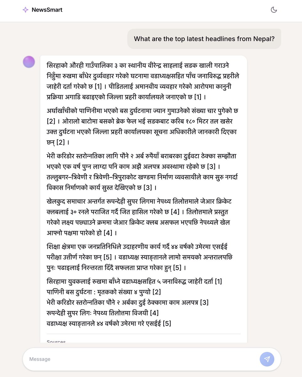 pkshhh's tweet photo. Just a small UX thing I personally felt while using it: if the related news headlines were pulled higher up into the response and highlighted a bit more, the answers might feel easier to read and scan.

@AnupKaphle  @RohitTiwari_np https://t.co/A8lYl2vtcp