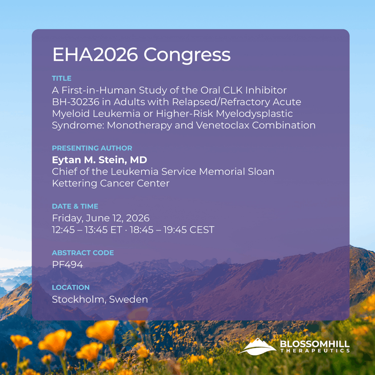 We're excited to present initial dose escalation data from the Phase 1/1b trial of BH-30236, our macrocyclic CLK inhibitor, at #EHA2026 in Stockholm.

The FDA has granted Orphan Drug Designation to BH-30236 for the treatment of AML. bhtherapeutics.com/press-releases…