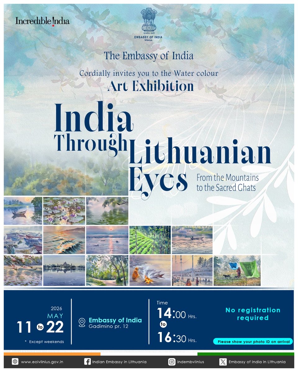 IndEmbVilnius's tweet photo. 🎨🇮🇳🇱🇹 Embassy of India cordially invites you to the art exhibition ‘India Through Lithuanian Eyes - From the Lofty Mountains to the Sacred Ghats’.

Showcasing exceptional watercolour paintings of India by talented Lithuanian artist Ms Eglė Lipeikaitė 🇮🇳🇱🇹 

📅 11–22 May 2026
🕒 14:00 – 16:30 (I-V)
📍 Gedimino pr. 12