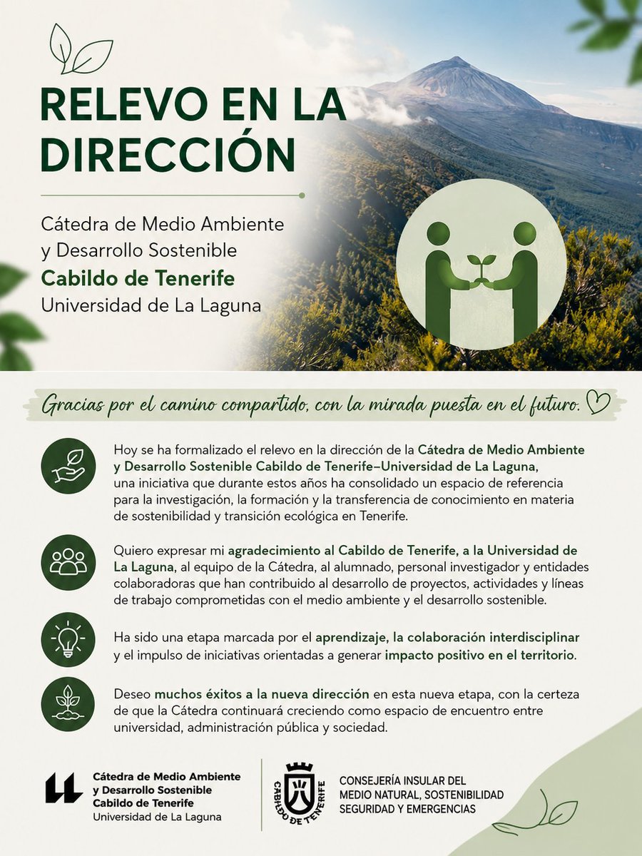catedramadsULL's tweet photo. 🌱📌Hoy se ha formalizado mi relevo en la dirección de la Cátedra Institucional de Medio Ambiente y Desarrollo Sostenible Cabildo de Tenerife - ULL
Felicidades al nuevo Director @jhdezborges78 
@NorenaMartin 
@MedioNaturalTF @ULL https://t.co/mAKg2cC2Kz