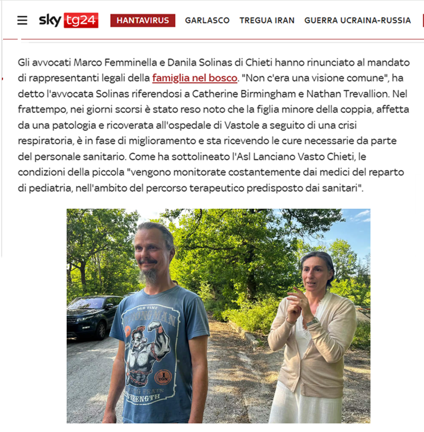 #Famiglianelbosco:gli avvocati #Solinas e #Femminella hanno rinunciato al mandato di rappresentare la fam. #Trevallion per "mancanza di visione comune".Complimenti!
Femminella è candidato alle elez comunali #Chieti del 24-25 maggio,a sostegno del candidato #Legnini, #PD. 
#Vasto