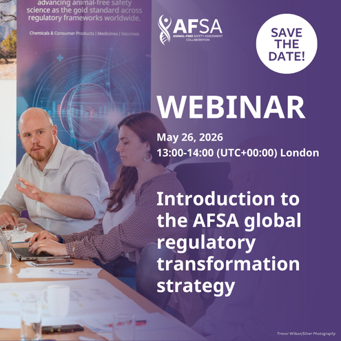 AFSAcollab's tweet photo. Save the Date for our webinar: “Intro to the AFSA Global Regulatory Transformation Strategy”. 
 
We'll present recent AFSA successes, outline ongoing &amp; future projects &amp; share tools to help you understand &amp; utilize animal-free safety science.

Registration opens this week! https://t.co/dhkm6I2QYQ