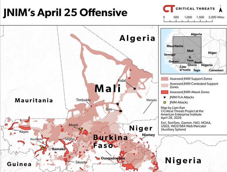 BridgesFromBKO's tweet photo. This map (https://t.co/ry0IJFz5M2) is striking: the southern town of Sikasso, where I once spent a very peaceful year and which remained safe until relatively recently, now appears in the middle of an "Assessed JNIM Attack Zone." https://t.co/Ru7jGQBawl