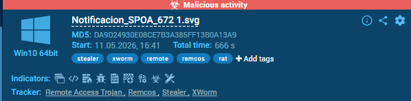 hipdead010's tweet photo. #Remcos #XWorm #Stealer distribuido mediante SVG.
La ejecución del  SVG inició una cadena de malware de múltiples etapas que implicaba acceso remoto, exfiltración de datos y persistencia. El malware utilizó componentes de .NET y de scripting para establecer la persistencia, comunicarse con servidores C2 y realizar la enumeración del sistema.