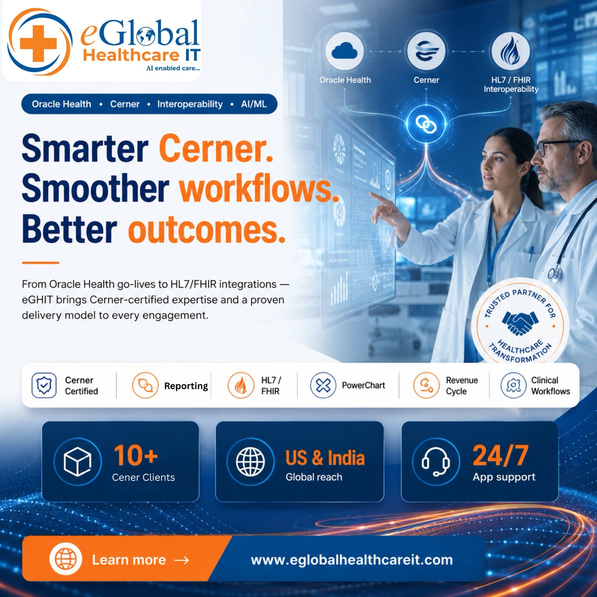 eGlobalHIT's tweet photo. Smarter Cerner. Smoother workflows. Better patient outcomes. 
Cerner-certified experts delivering Oracle Health go-lives &amp; HL7/FHIR integrations across US &amp; India.  https://t.co/mg9SFiX6Gi  
#CernerEHR #OracleHealth #HL7FHIR #HealthcareIT #DigitalHealth #eGHIT https://t.co/FvipvHCAXw