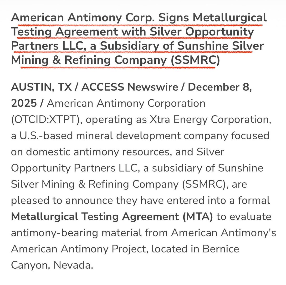 slfairless's tweet photo. $XTPT American Antimony signs MTA w/ Sunshine Silver on Dec. 8 2025.

MTA Results confirmed “very high-grade antimony” on March 9 2026. 

$SSMR Sunshine registers for $400M IPO on May 11 2026.

Sunshine &amp; American Antimony can become a powerhouse for the U.S. antimony industry. https://t.co/f1fxoxQJWg