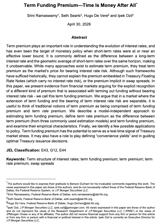 hugodevere's tweet photo. New WP. Core idea is term premia embed more than rate risk compensation. That is, the comp for extending funding to term which we called term funding premium (TFP) https://t.co/KHWGW9nrPB