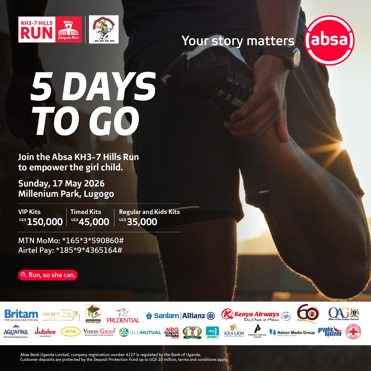 AbsaUganda's tweet photo. 5 Days to go!

In Langi we say “Atin Nyako” and in Ankole we say “Omwana w’omwishiki”. 

How do you say “Girl Child” in your local language? 👇

#AbsaKH37HillsRun https://t.co/cakJOStrbf