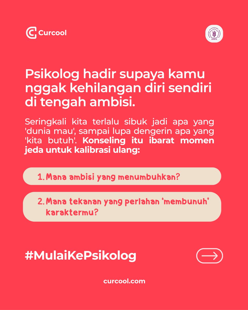 curcoolofficial's tweet photo. Yuk, kasih ruang buat dirimu bernapas.Ambil sesi konseling profesional bersama Psikolog Curcool. 

Investasi terbaik bukan cuma soal karier, tapi juga kesehatan mentalmu. https://t.co/Hp3nGiL6CY