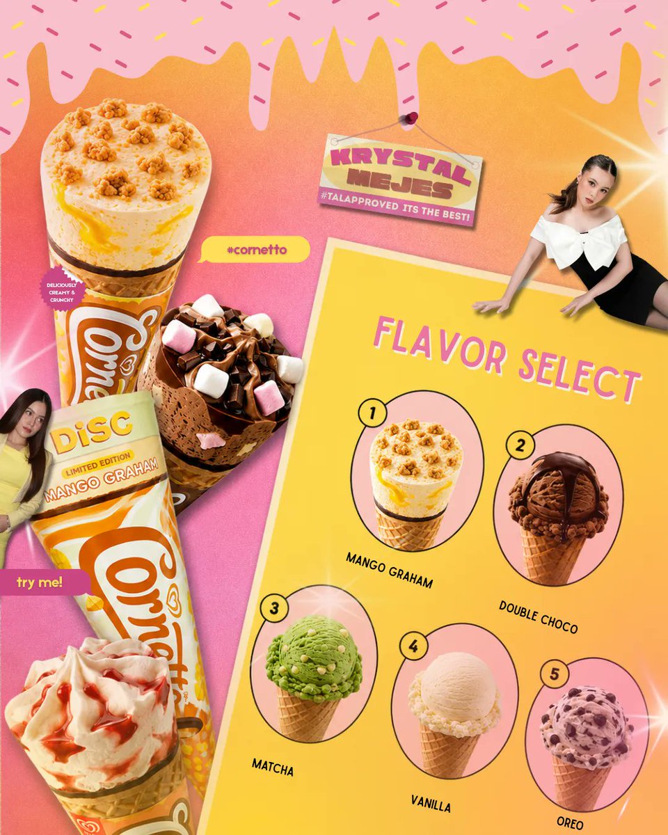 _teamkrystalofc's tweet photo. HI TALIANS.

Our girl Krystal really makes everything look extra sweet and fun!! So happy and proud to see her shining with CORNETTO – she perfectly matches the sweet and good vibes.

Time to grab your favorite Cornetto Flavor and celebrate this lovely milestone with everyone 

What's your favorite CORNETTO flavor??

KRYSTAL PICKS CORNETTO 
#IceCreamTayoTala