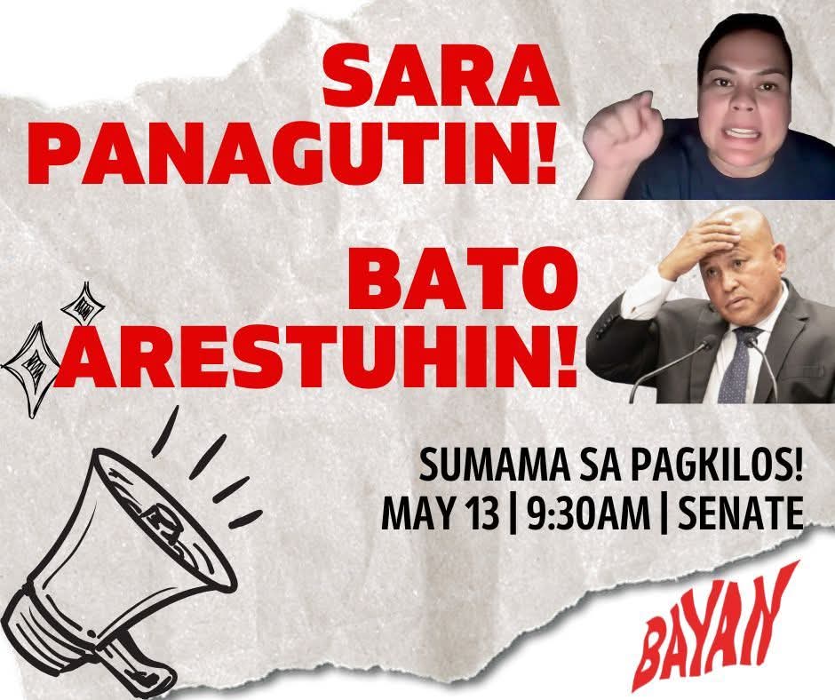eicvsfascism's tweet photo. Sa mga naghahanap ng pagkilos upang singilin at panagutin ang Senado, at ipanawagan ang pag-aresto kay Bato:

9:30 AM: BAYAN program, Senate gate
2:30 PM: Tindig Pilipinas program, Senate gate
4:00 PM: Vigil https://t.co/Ap0OZKmBD4