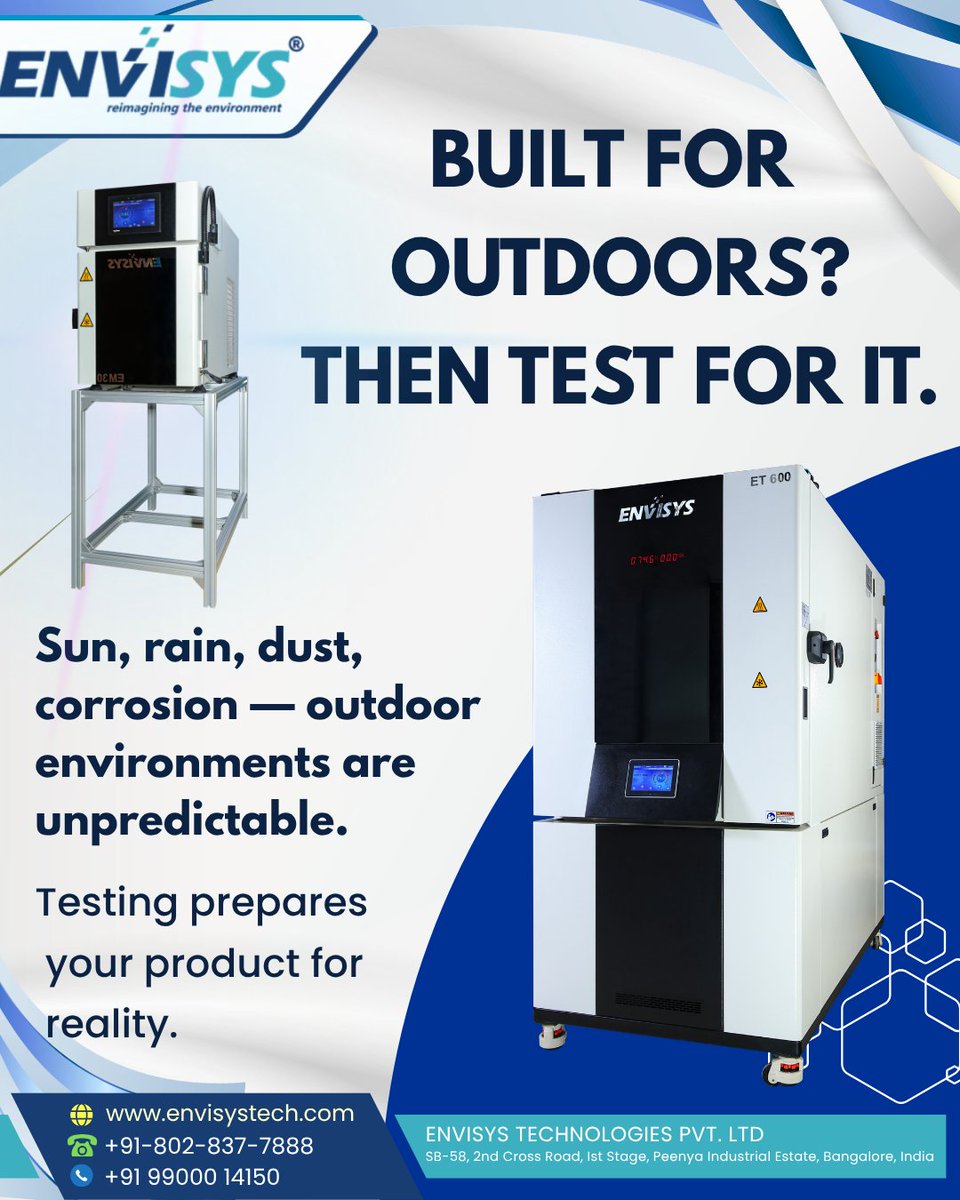 Envisys_Tech's tweet photo. The outdoors doesn’t give controlled conditions. It gives combinations. And combinations reveal the real performance of your product.
#EnvironmentalTesting #BatteryTesting #Reliability #ProductEngineering #IndustrialTesting #B2B https://t.co/BCT3farZ5R