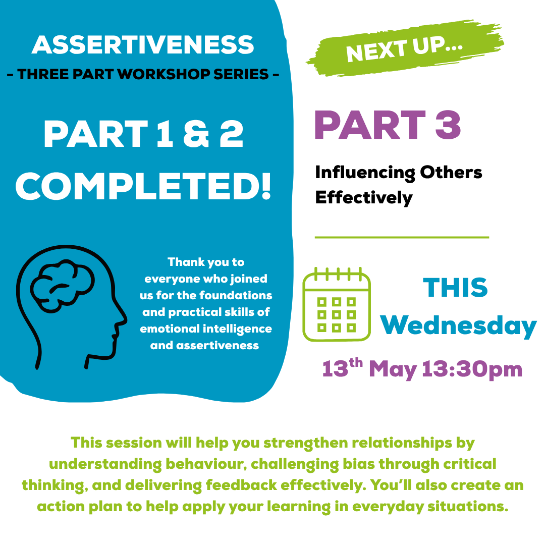 breakthrough_co's tweet photo. A huge thank you to everyone who joined us for Parts 1 & 2 of our Assertiveness Workshop Series! 👏

We’ve explored the foundations of emotional intelligence and assertive communication - and this Wednesday, we’re bringing it all together with Part 3: Influencing Others Effectively.

We’ll be focusing on building positive relationships, understanding behaviour, challenging bias through critical thinking, and giving feedback with confidence.

Looking forward to another great session! 💬