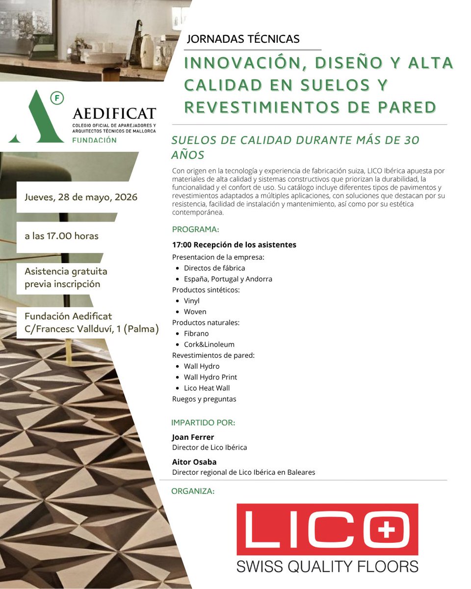 Fund_Aedificat's tweet photo. 📌 Jornada técnica @licoiberica: 𝐈𝐍𝐍𝐎𝐕𝐀𝐂𝐈𝐎́𝐍, 𝐃𝐈𝐒𝐄𝐍̃𝐎 𝐘 𝐀𝐋𝐓𝐀 𝐂𝐀𝐋𝐈𝐃𝐀𝐃 𝐄𝐍 𝐒𝐔𝐄𝐋𝐎𝐒 𝐘 𝐑𝐄𝐕𝐄𝐒𝐓𝐈𝐌𝐈𝐄𝐍𝐓𝐎𝐒 𝐃𝐄 𝐏𝐀𝐑𝐄𝐃.
🗓 28 de mayo.
🕘 17.00 horas.
📍 Fundación Aedificat.
🔗+ ℹ️ 👉 https://t.co/qXSfGuxtTG https://t.co/HUE9wXfkdn