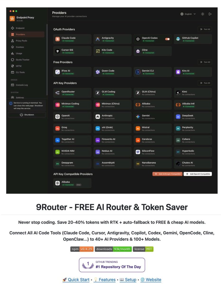 TIRED OF AI RATE LIMITS KILLING YOUR CODING FLOW...? 9router is an open ...