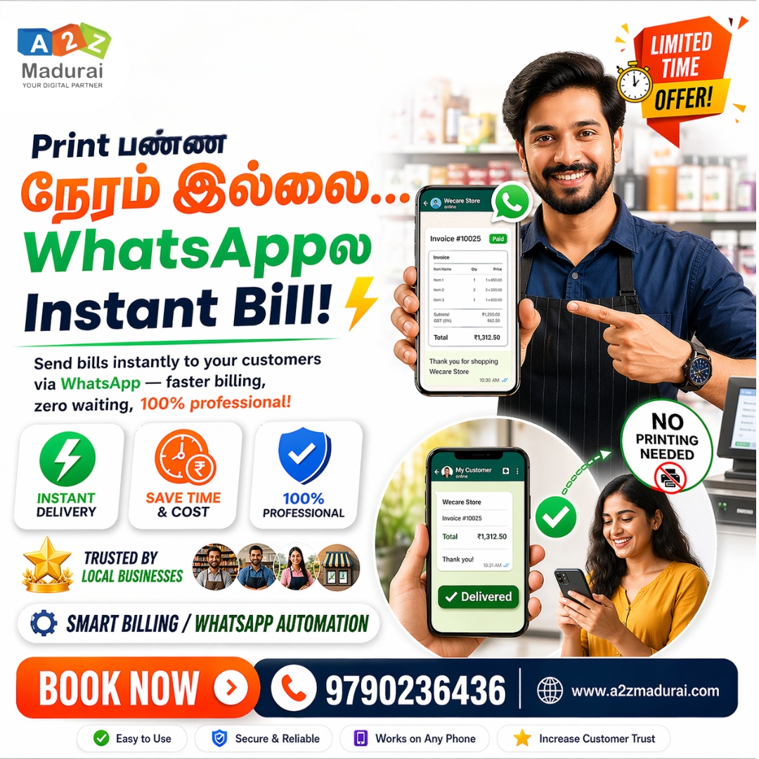a2zmadurai's tweet photo. Still printing bills in 2026? 😳

Smart businesses now send invoices instantly via WhatsApp 📲⚡

✅ Faster checkout
✅ Zero paper waste
✅ Professional customer experience
✅ More trust &amp; repeat customers

Digital billing is the future. 🚀 https://t.co/VAS3DEaT9j