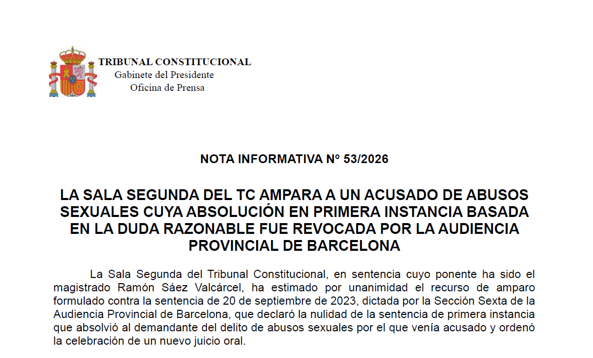 TConstitucionE's tweet photo. Nota de prensa | La Sala Segunda del TC ampara a un acusado de abusos sexuales cuya absolución en primera instancia basada en la duda razonable fue revocada por la Audiencia Provincial de Barcelona https://t.co/n6lWt14S5e https://t.co/k6JZd2LIlj