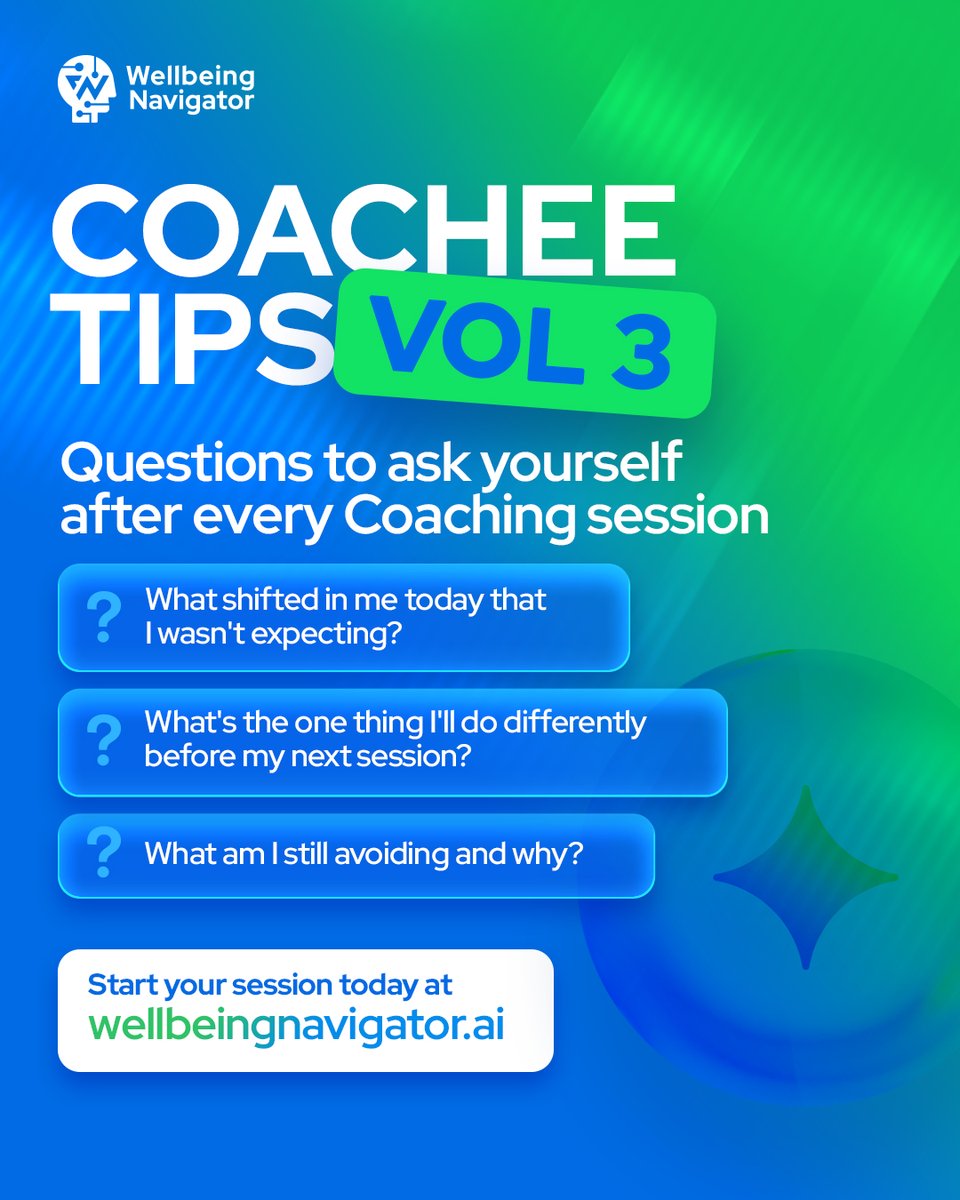 CoachNova_'s tweet photo. Most people think coaching ends with the conversation. Real growth begins with the questions that stay with you after it. 
At Wellbeing Navigator, coaching is designed to turn reflection into action. 
#Coaching #WellbeingNavigator https://t.co/zjvurJj9K6