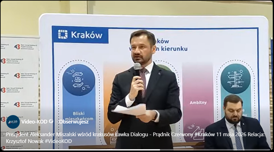 KOD_VIDEO's tweet photo. Prądnik Czerwony
#Kraków
11 maja 2026
Prezydent Aleksander @Miszalski_  wśród krakusów - Ławka Dialogu
Relacja: Krzysztof Nowak
Sieciowa Telewizja Obywatelska #VideoKOD
https://t.co/jULTIo1Ceg https://t.co/iVPZoPhJmW