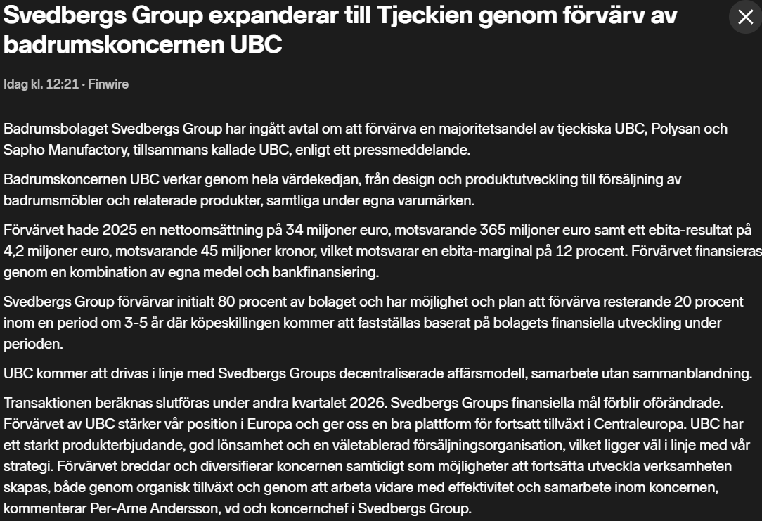 dbackaliden's tweet photo. Svedbergs förvärvar in 365 MSEK omsättning och 12 % EBITA-marginal. 
Ser ingen köpeskilling (vafan Per-Arne), men Svedbergs senaste förvärv har legat inom 5-10 EV/EBITA (Svedbergs trejdas högre). 
"Svedbergs Groups finansiella mål förblir oförändrade." https://t.co/6R9ulX1zHY